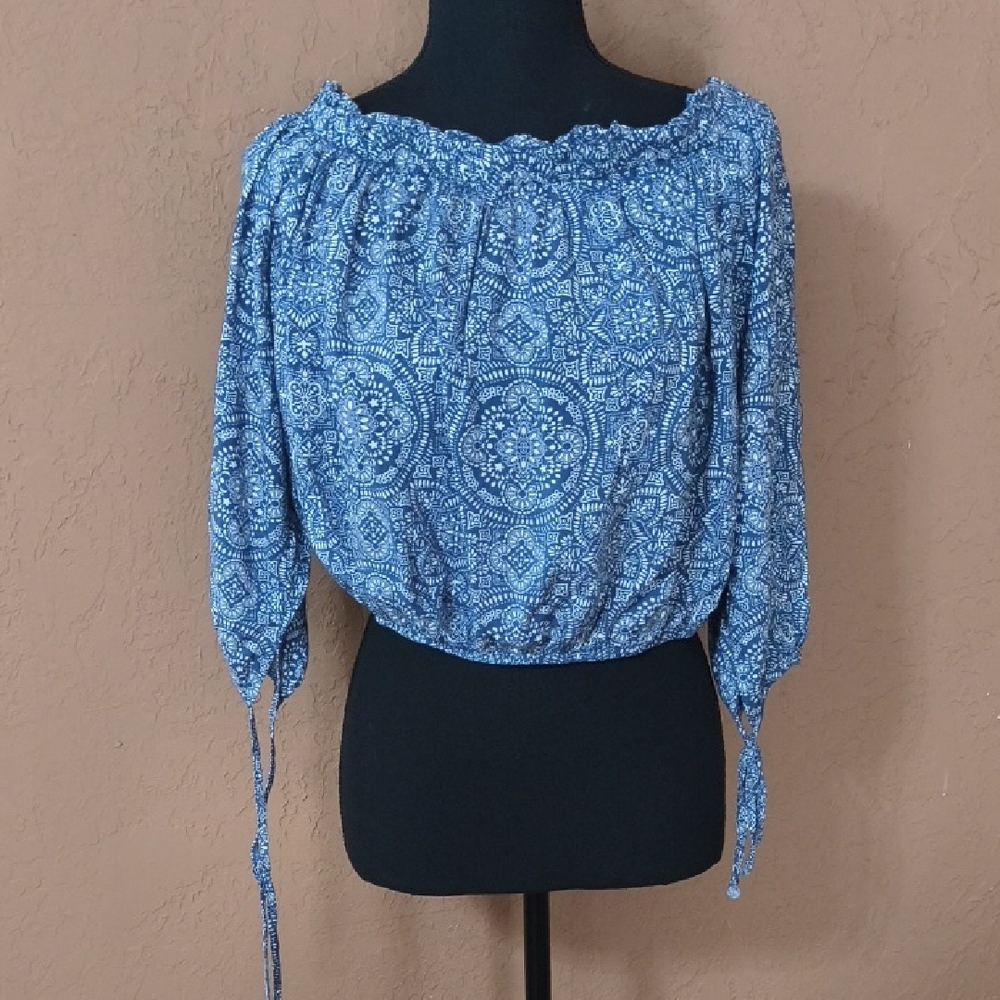 Live To Be Spoiled Boho Blue Patterned Off-Shoulder Crop 3/4 Sleeves Size XL
